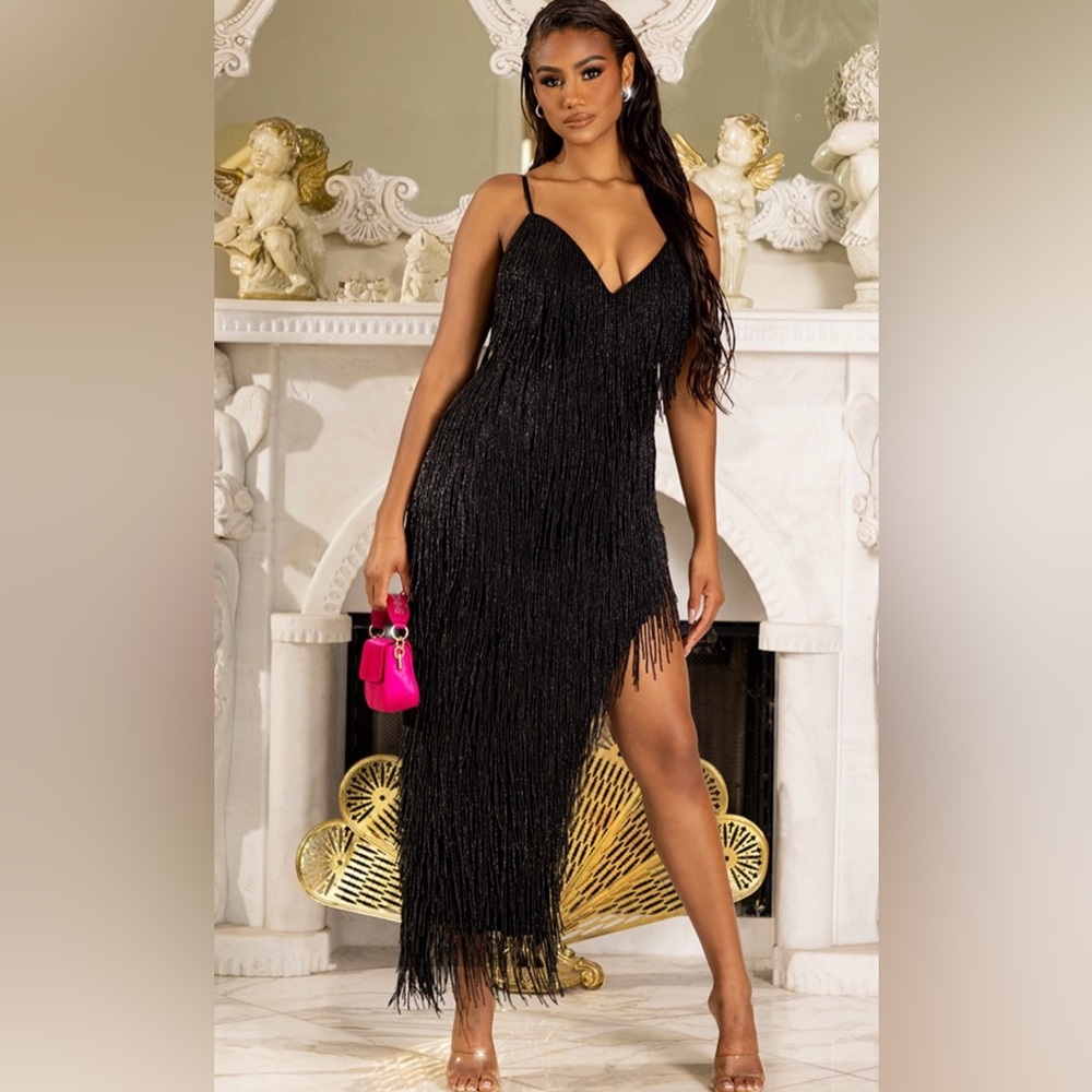 Black premium embellished tasselled strappy midi dress